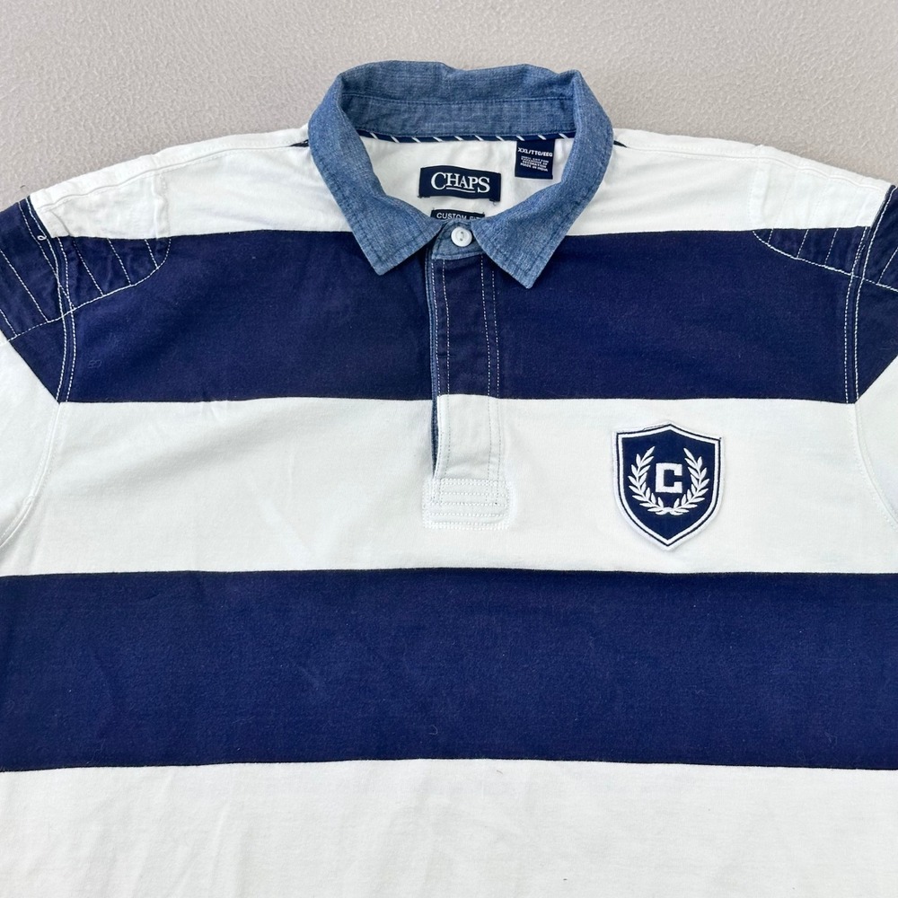 Chaps Rugby Shirt Mens XXL Denim Collar Blue Striped Long Sleeve Thick Cotton